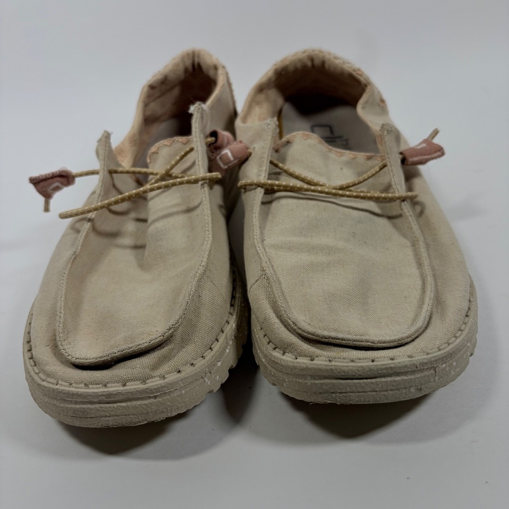 Hey Dude Women's 8 Wendy Chambray Grasscloth Tan Pink Slip On Loafers Minimalist